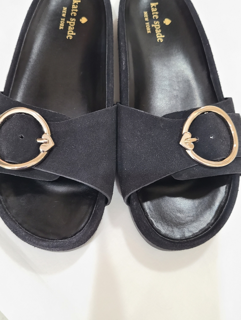 kate spade New York Della Slide Sandals Black Gold Buckle Size 7 - Picture 2 of 16